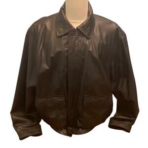 Cougar Leather Black Bomber Jacket Men’s L Zip Front Snap Pockets Elastic Hem